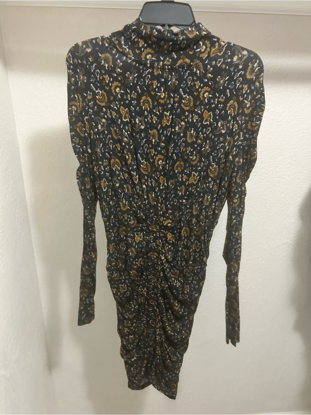 Floral Print Long Sleeve Ruched Black Dress